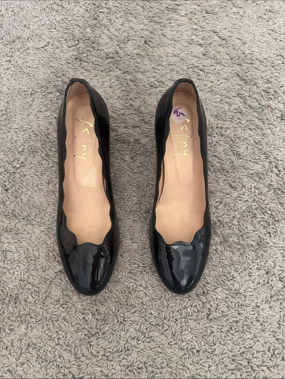 French Sole Black Patent Scalloped Ballet Flats